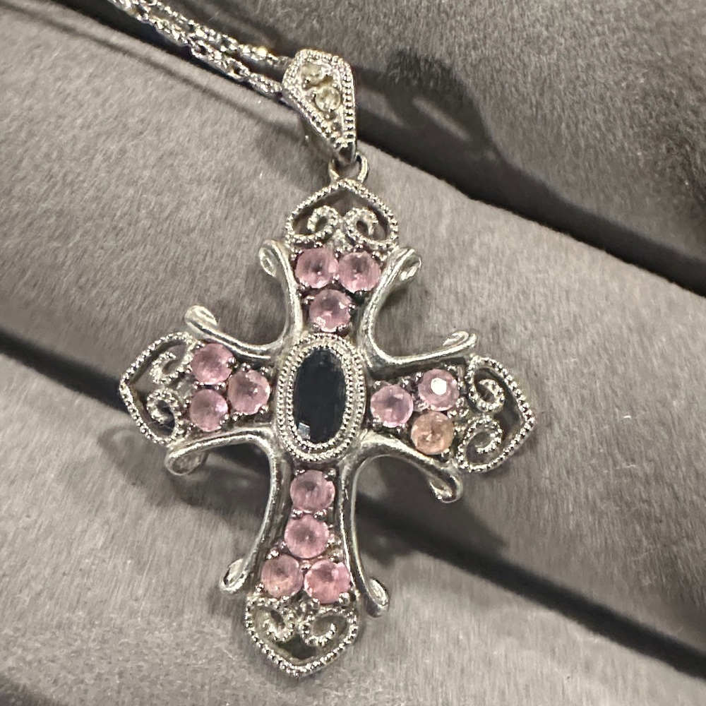 Elegant White Gold and Pink/Blue Sapphire Cross Pendant Necklace